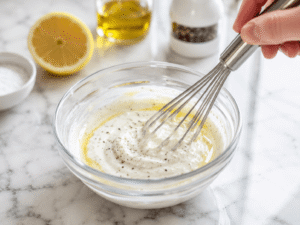 Greek yogurt, olive oil, lemon juice, salt, and black pepper mixed together in a bowl to create a creamy salad dressing.