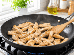 Chicken breast strips cooking in a skillet with salt and black pepper until lightly golden and fully cooked.