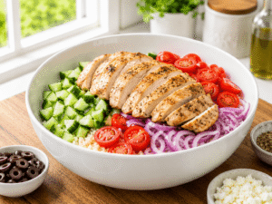 Adding Fresh Vegetables to a Greek Chicken Bowl