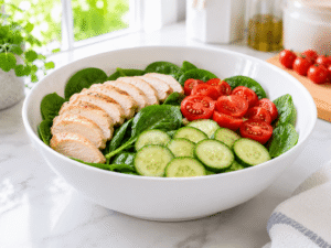 Sliced cooked chicken breast, halved cherry tomatoes, and cucumber slices added to a bowl of fresh spinach.