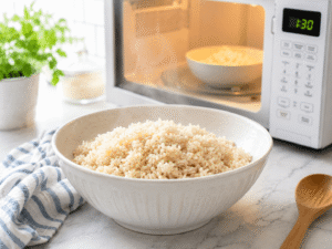 Cooked quinoa warming in a white serving bowl on a bright kitchen countertop