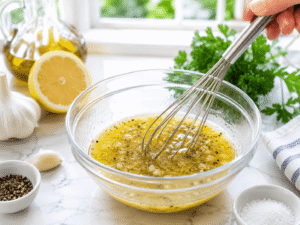 Olive oil, lemon juice, minced garlic, salt, and black pepper mixed together in a small glass bowl to create a fresh salad dressing.