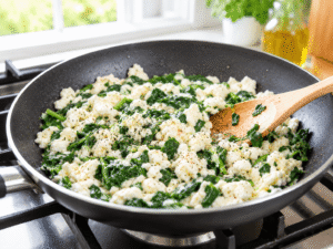 Egg whites cooking with spinach in a nonstick skillet, seasoned with garlic powder, salt, and black pepper until fluffy and fully cooked.