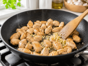 Minced garlic added to cooked chicken in a skillet and stirred until fragrant in a bright kitchen.
