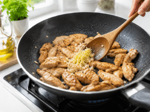 Minced garlic and freshly grated ginger being added to cooked chicken in a nonstick pan for extra flavor.