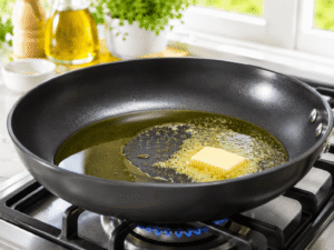 Olive oil and butter melting together in a large black skillet over a gas stove with bright kitchen lighting.