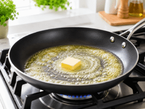 Butter melting inside a black skillet on a gas stove with bubbling golden butter in a bright kitchen.
