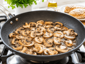Sliced mushrooms sautéing in butter inside a large nonstick frying pan until soft and lightly browned.