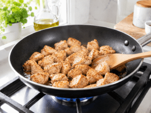 Bite-sized chicken pieces cooking in a skillet until golden brown while being stirred with a wooden spoon.