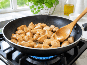 Bite-sized chicken pieces cooking in a black skillet until golden brown with a wooden spoon stirring.