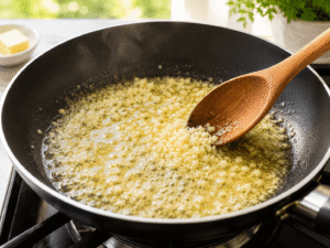 Finely minced garlic cooking in melted butter in a nonstick frying pan while being stirred with a wooden spoon.