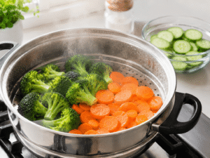 Fresh broccoli florets and sliced carrots steaming in a stainless-steel steamer while cucumber slices remain fresh and uncooked.