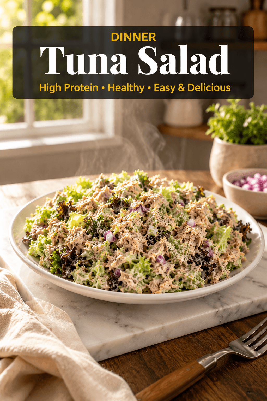Tuna Salad served in a white bowl with fresh salad greens and creamy tuna mixture in a bright modern kitchen, healthy high-protein dinner recipe for busy professionals.