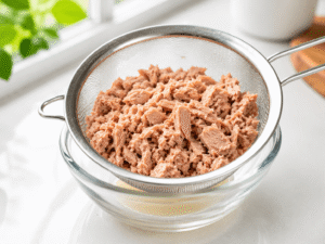 Drained canned tuna resting in a fine mesh strainer over a glass bowl on a bright kitchen countertop.