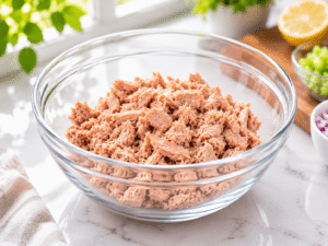 Flaked tuna placed inside a clear glass mixing bowl on a white marble countertop in a bright kitchen.