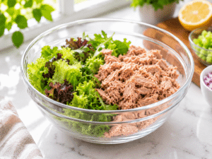 Fresh salad greens added to a mixing bowl with tuna, preparing a healthy tuna salad recipe.