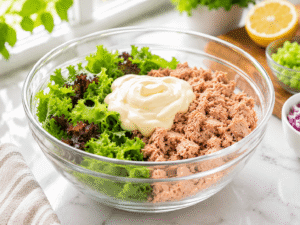 Creamy mayonnaise added to a bowl containing tuna and salad greens in a bright kitchen setting.