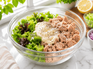 Salt and black pepper sprinkled over tuna, salad greens, and mayonnaise in a glass mixing bowl.