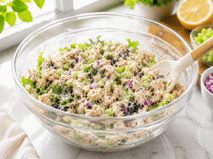 Tuna salad ingredients being gently mixed together in a glass bowl until evenly combined and creamy.