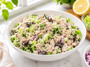 Freshly prepared tuna salad served in a white bowl with salad greens, ready to enjoy as a healthy dinner.
