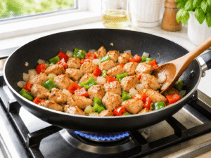 Chicken cooking with chopped onions, bell peppers, and minced garlic in a black skillet with bright natural lighting