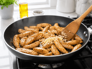 Minced garlic added to cooked chicken in a skillet and stirred until fragrant