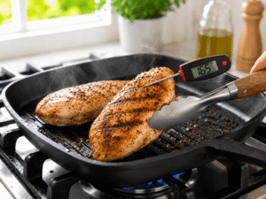 Chicken breasts being flipped on a grill pan while checking internal temperature for safe cooking