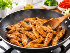 Seasoned chicken strips cooking in a hot skillet until golden brown and fully cooked with light steam rising