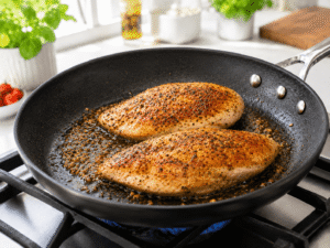 Seasoned chicken breasts cooking in a skillet until golden brown with herbs and spices visible on the surface