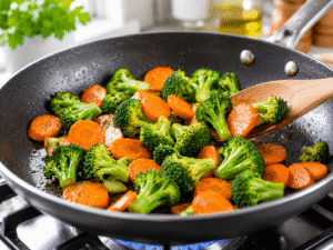 Fresh broccoli and sliced carrots cooking in a skillet until tender and crisp