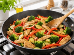 Broccoli, red bell pepper, and zucchini cooking with chicken in a skillet, creating a colorful healthy stir fry.