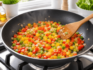 Colorful chopped bell peppers cooking with sautรฉed onions, garlic, and ginger in a frying pan.