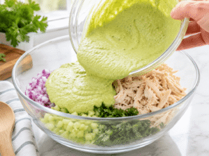 Creamy avocado dressing being poured over shredded chicken, celery, red onion, and parsley in a large glass bowl