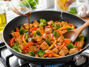 Soy sauce and fresh lemon juice being added to chicken and vegetables in a skillet for extra flavor.