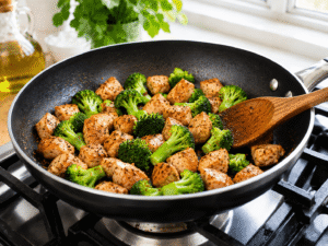 Broccoli florets added to golden brown chicken in a skillet and cooking until slightly tender.