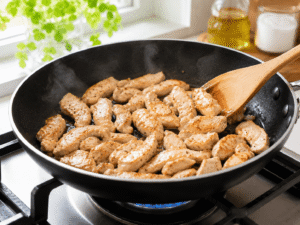 Chicken strips cooking in a black skillet with light golden color and steam rising while being stirred with a wooden spatula.