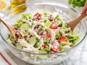 Creamy dressing poured over shredded chicken and vegetables while tossing the salad until evenly coated.