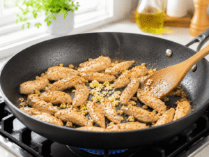 Minced garlic being cooked with golden chicken strips in a nonstick frying pan for added flavor.
