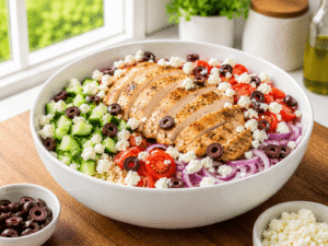 Adding Sliced Chicken to a Greek Chicken Bowl