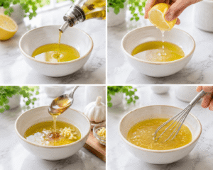 Olive oil, lemon juice, honey, and minced garlic mixed together in a small bowl to make a smooth salad dressing.