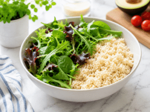 Fresh mixed greens arranged on one side of a bowl with cooked quinoa for a healthy meal