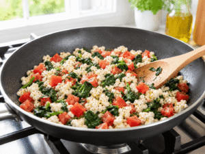 Diced tomatoes mixed into cooked egg whites and spinach in a black skillet, creating a colorful high-protein bowl filling.
