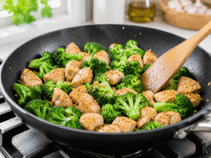 Fresh broccoli florets cooking with seasoned chicken in a skillet, creating a healthy chicken broccoli mixture.