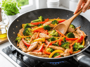 Broccoli florets, sliced bell peppers, and thinly sliced carrots stir-frying with chicken in a large wok.