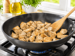 Seasoned chicken pieces cooking in a hot skillet until golden brown with herbs and sizzling butter sauce.