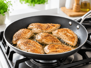 Chicken pieces cooking in a black skillet until golden brown with herbs and seasoning visible in bubbling butter.