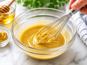 Honey and mustard being whisked together in a glass bowl until smooth in a bright kitchen setting.