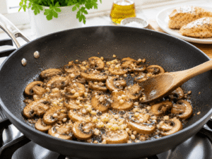 Minced garlic cooking with mushrooms in a buttery skillet while being stirred with a wooden spoon.