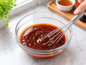 BBQ sauce, honey, soy sauce, ketchup, and vinegar mixed together in a small glass bowl with a whisk.