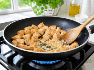 Minced garlic added to golden chicken pieces in a frying pan with sizzling oil.